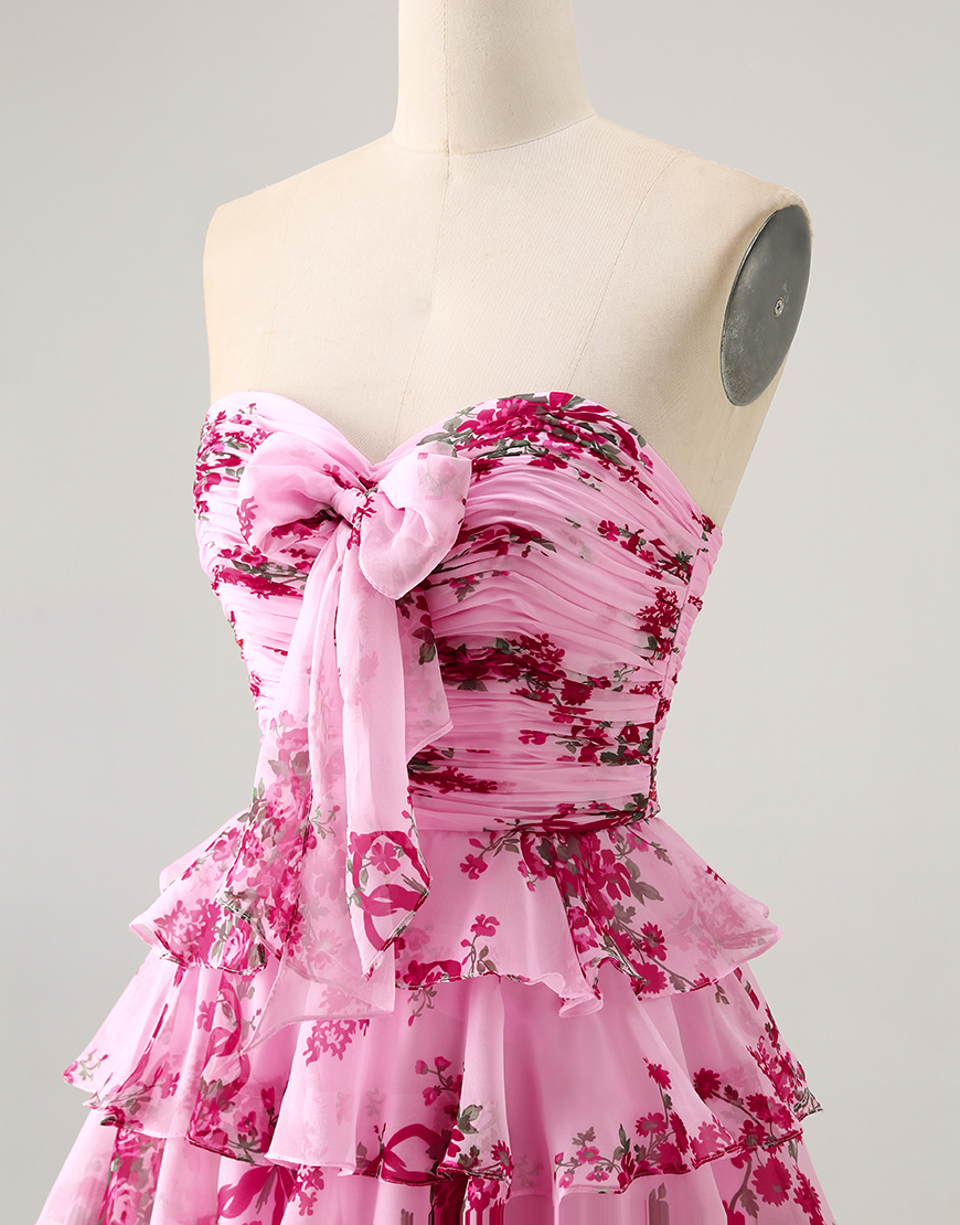 Blue Floral A Line Ruffled Short Homecoming Dress with Bow