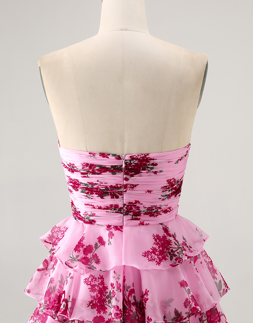 Blue Floral A Line Ruffled Short Homecoming Dress with Bow