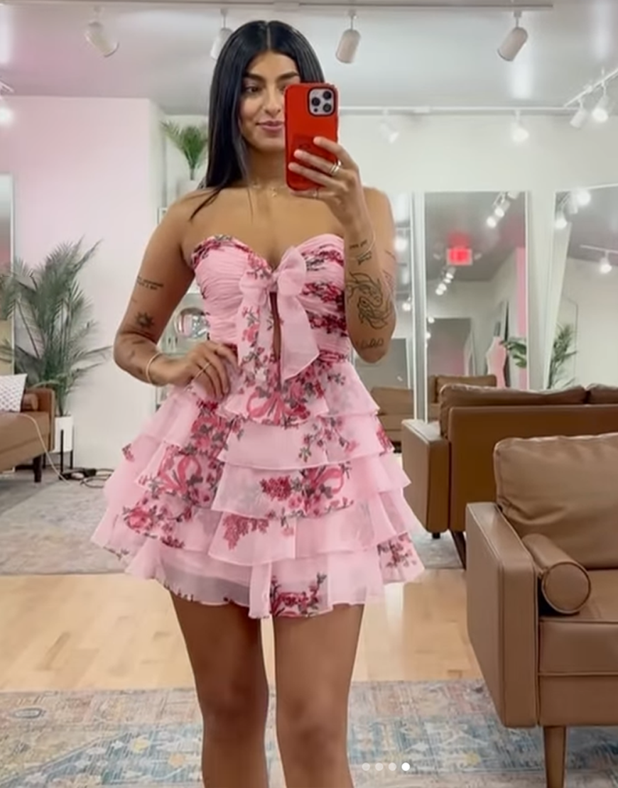 Pink Floral Chiffon Ruffled Short Homecoming Dress with Bow