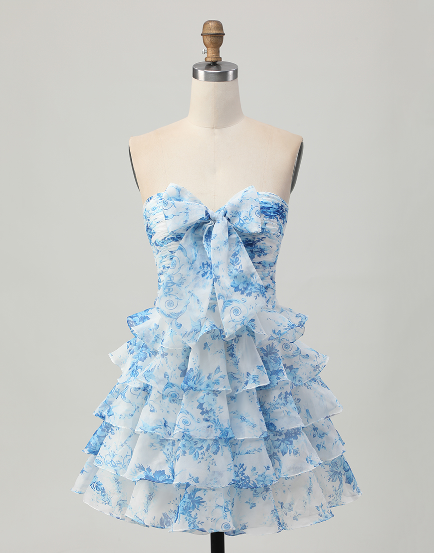 White and Blue Floral Strapless Short Ruffled Homecoming Dress with Bow