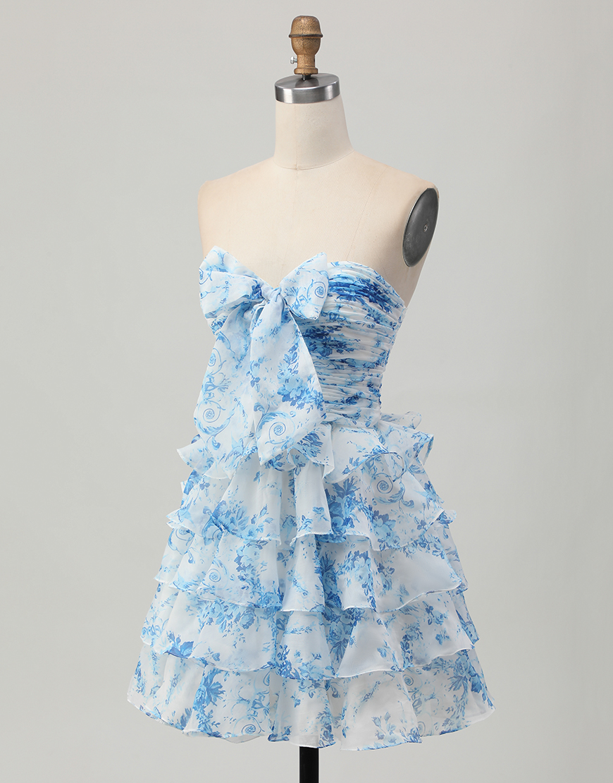 White and Blue Floral Strapless Short Ruffled Homecoming Dress with Bow
