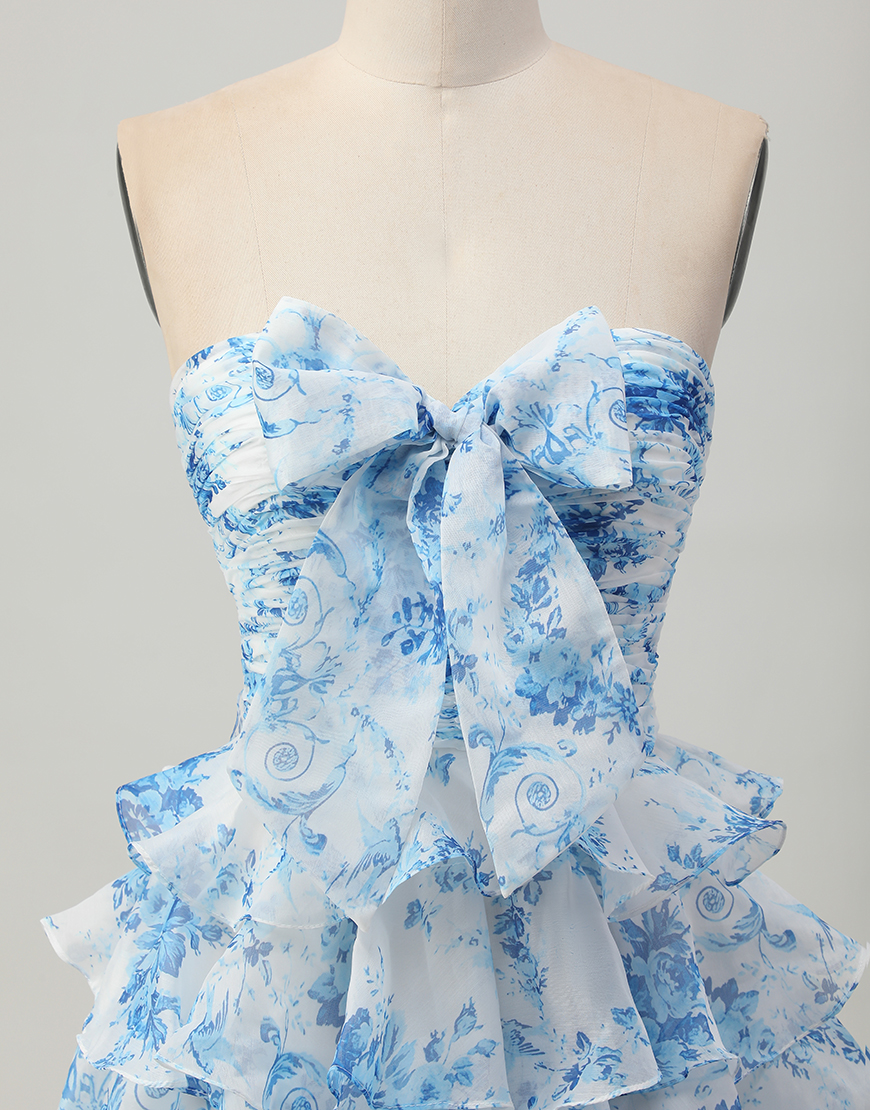 White and Blue Floral Strapless Short Ruffled Homecoming Dress with Bow