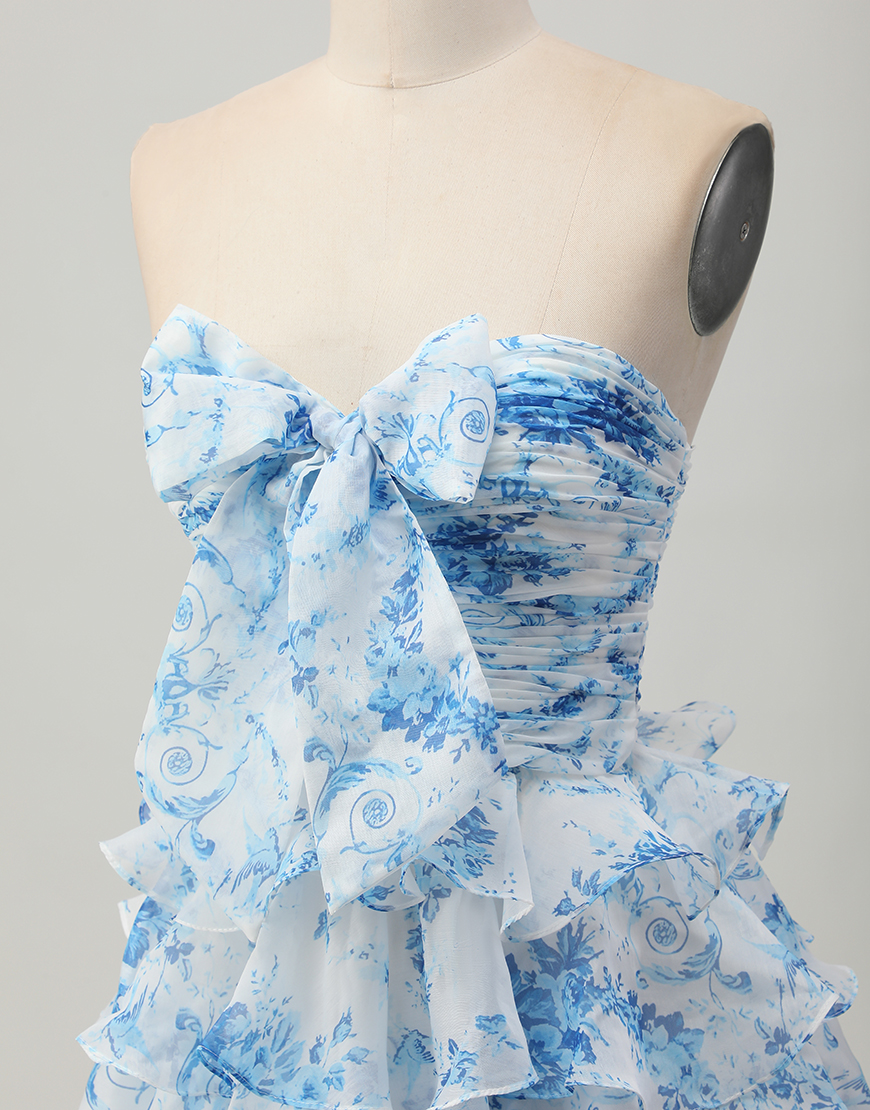 White and Blue Floral Strapless Short Ruffled Homecoming Dress with Bow