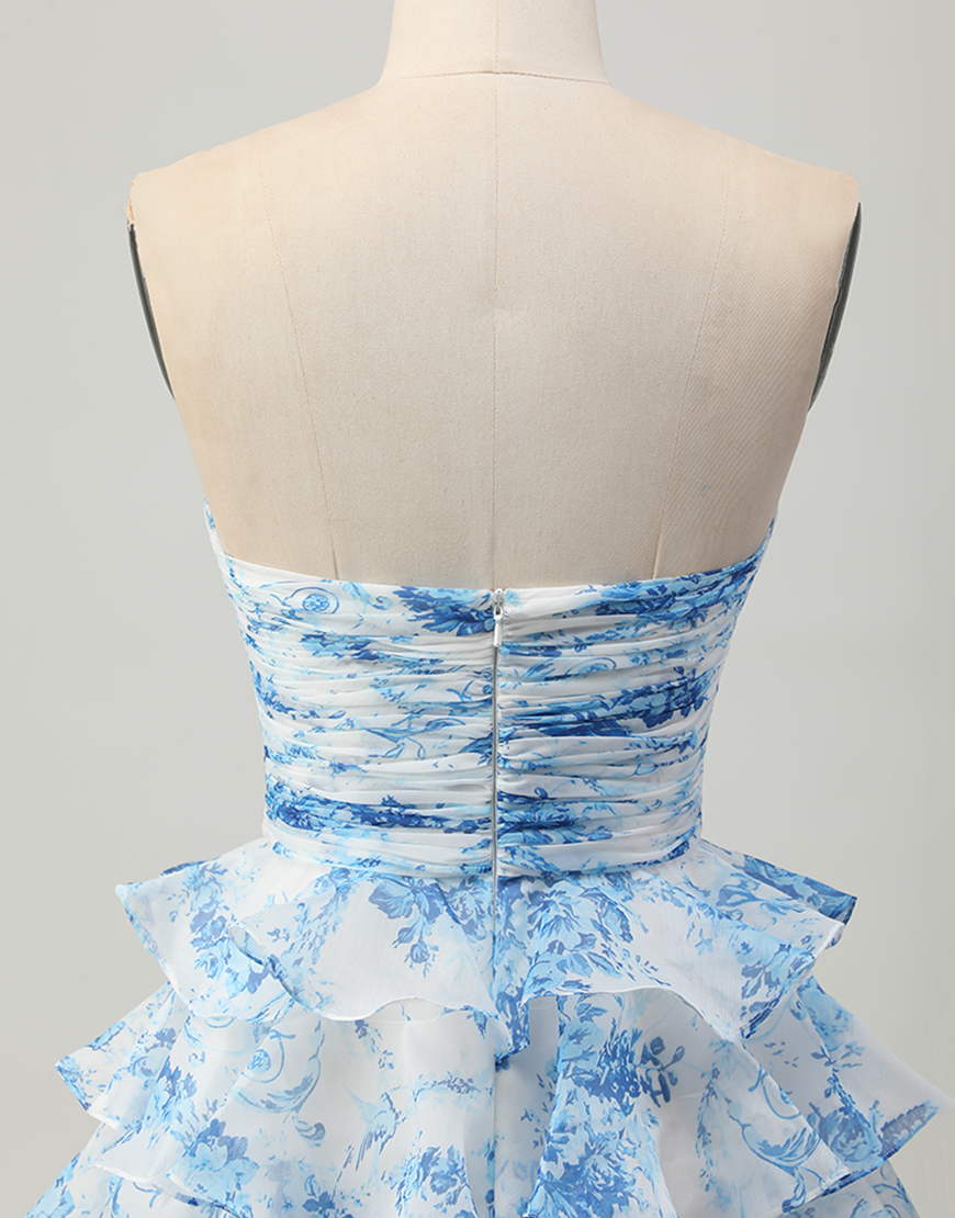White and Blue Floral Strapless Short Ruffled Homecoming Dress with Bow