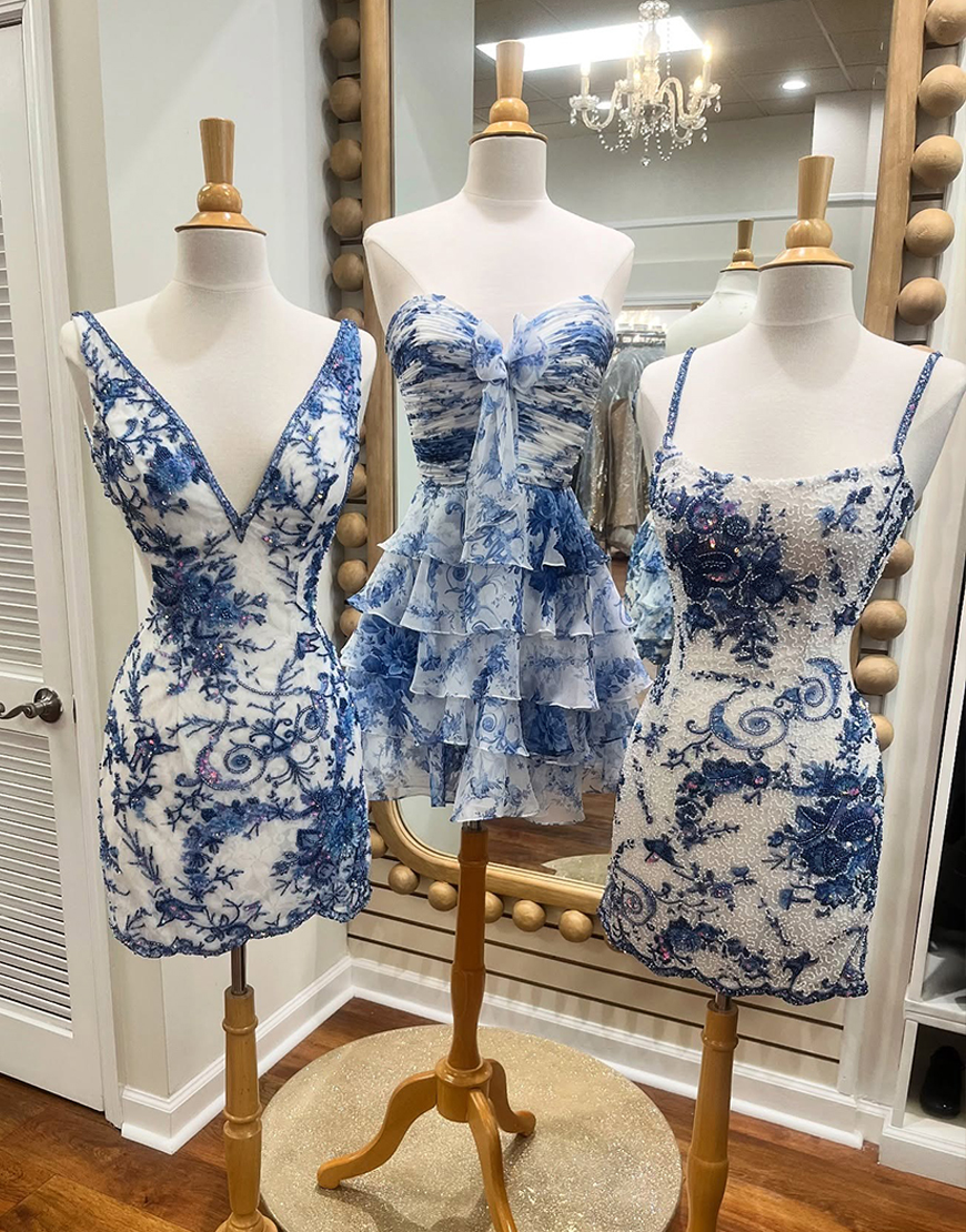 White Blue Flower A-Line Tiered Tulle Sweetheart Homecoming Dress