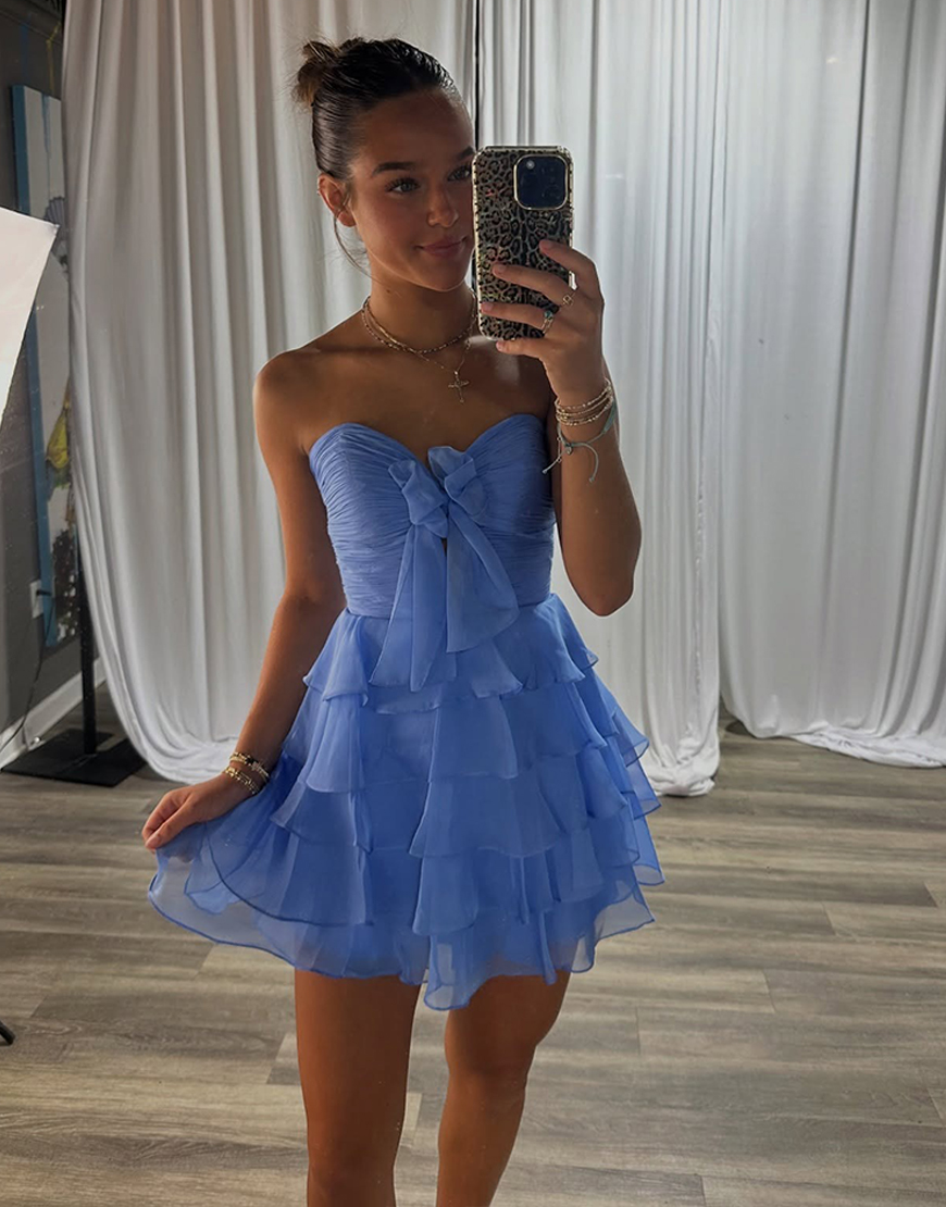 Blue A Line Ruffled Sweetheart Tiered Homecoming Dress