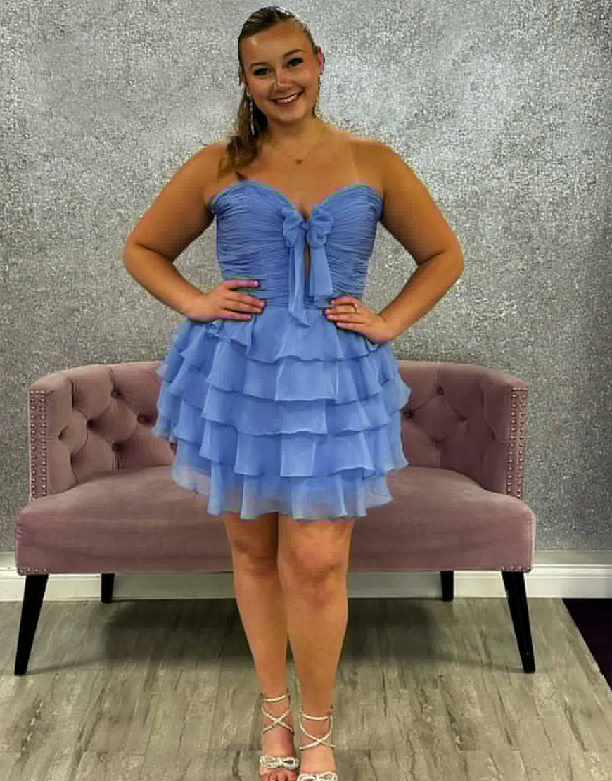 Blue A Line Tulle Sweetheart Tiered Homecoming Dress