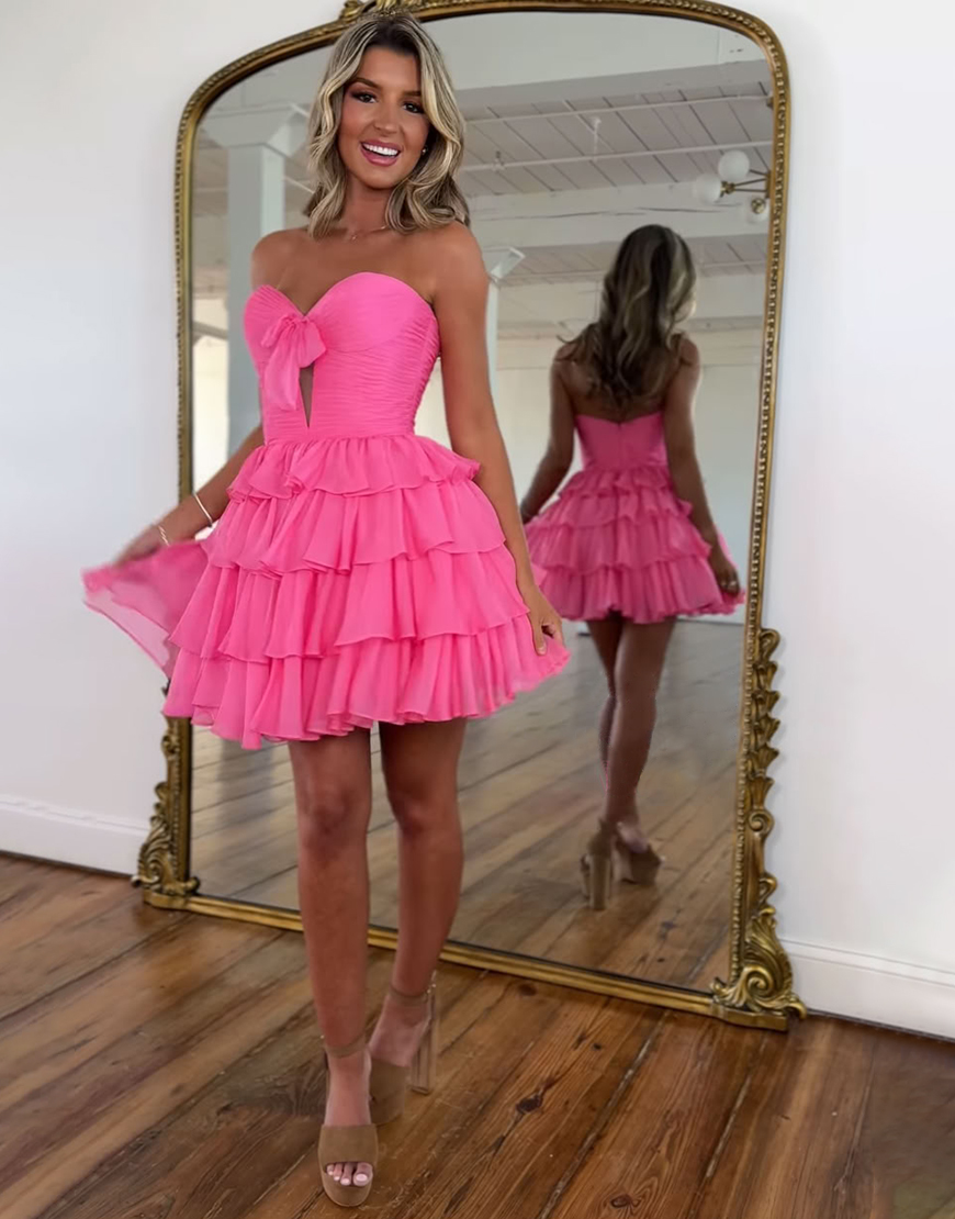 Pink A Line Ruffled Sweetheart Tiered Keyhole Short Homecoming Dress