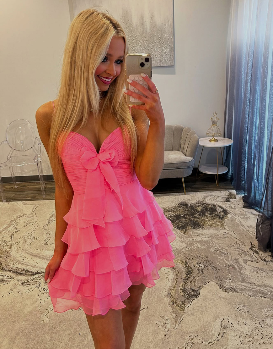 Blue A Line Ruffled Short Homecoming Dress with Bow