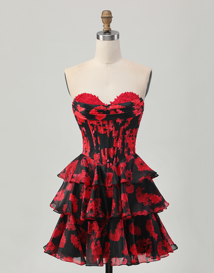 Black and Red Sweetheart Floral Short Corset Homecoming Dress with Ruffles