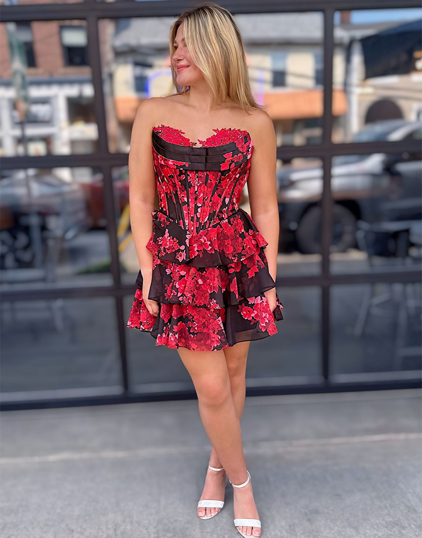 Black Red Floral Corset Ruffled Short Homecoming Dress