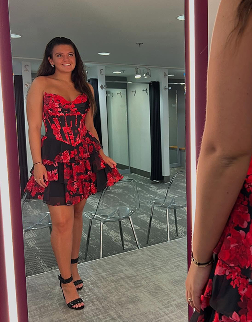 Red Tulle Tiered Short Corset Homecoming Dress