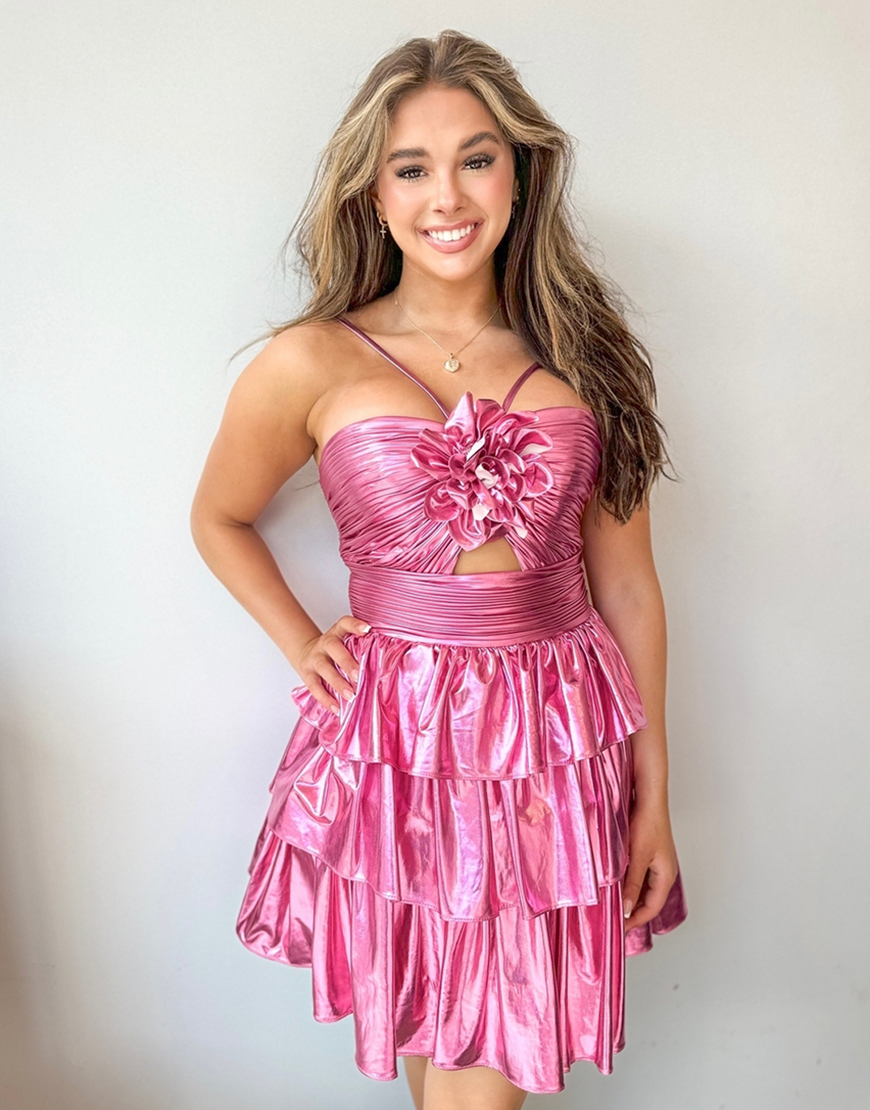 Fuchsia A Line Satin Tiered Short Homecoming Dress with Flower