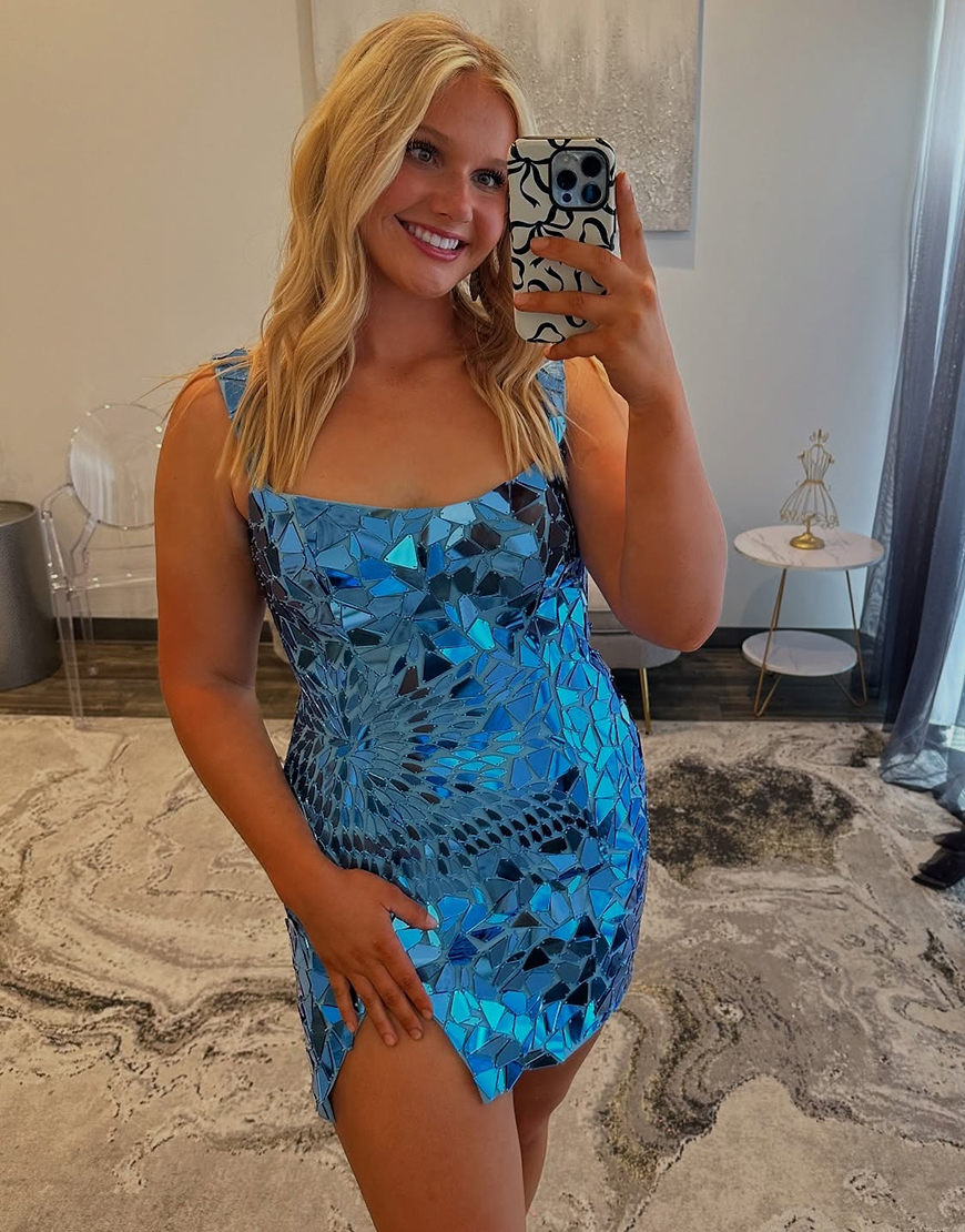 Blue Tight Mirror Short Homecoming Dress with Slit