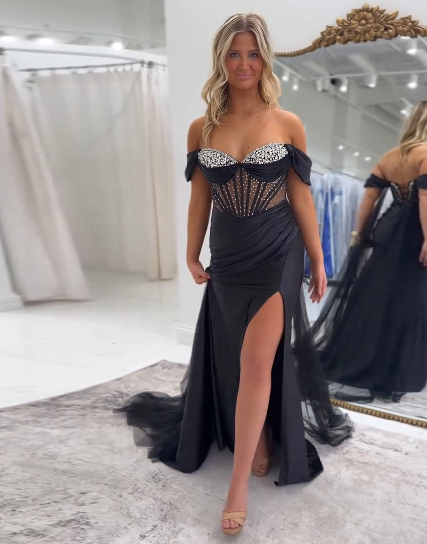 Sparkly Black Satin Mermaid Beaded Long Prom Dress with Slit