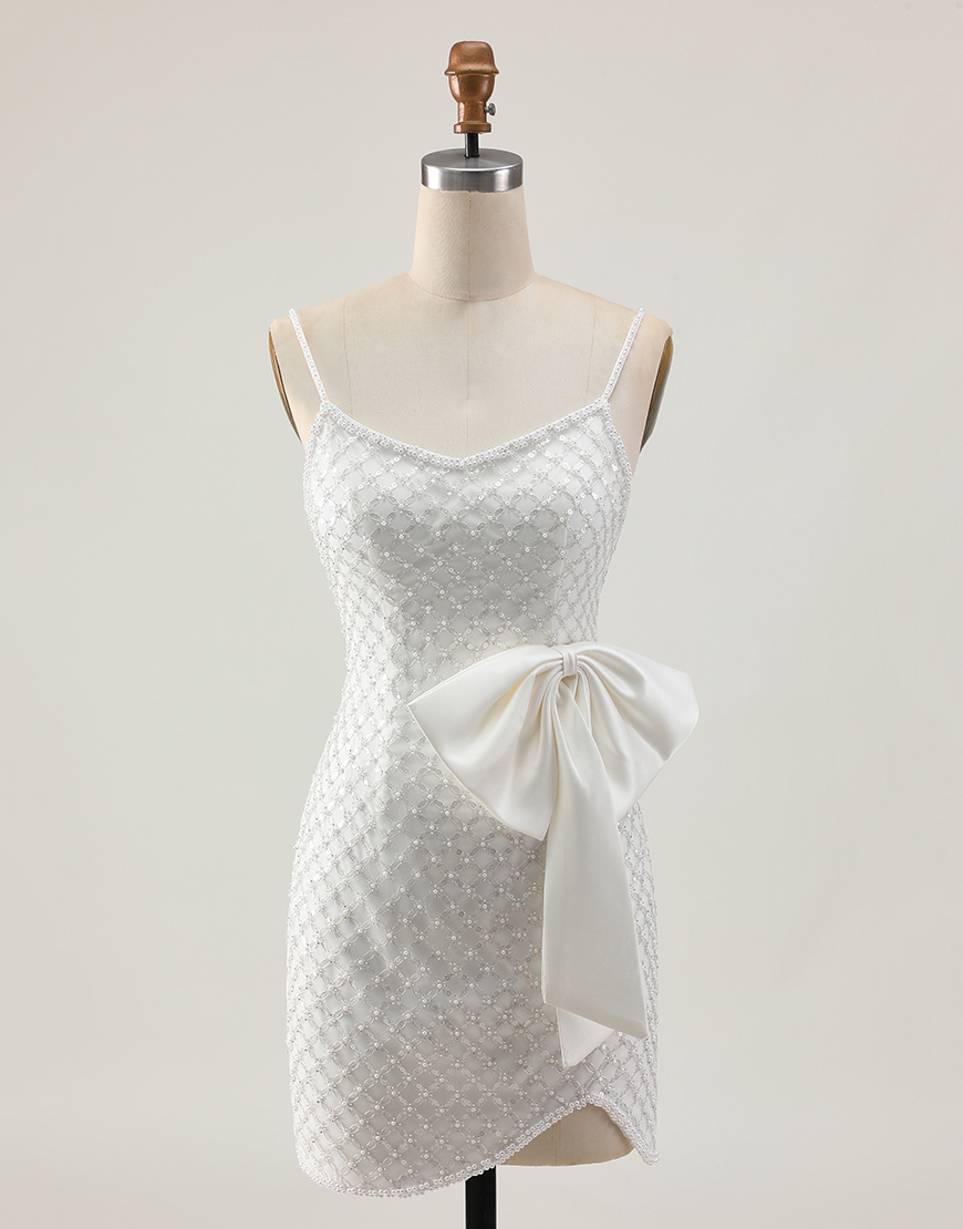 Sparkly White Spaghetti Straps Sequin Short Tight Homecoming Dress with Bow