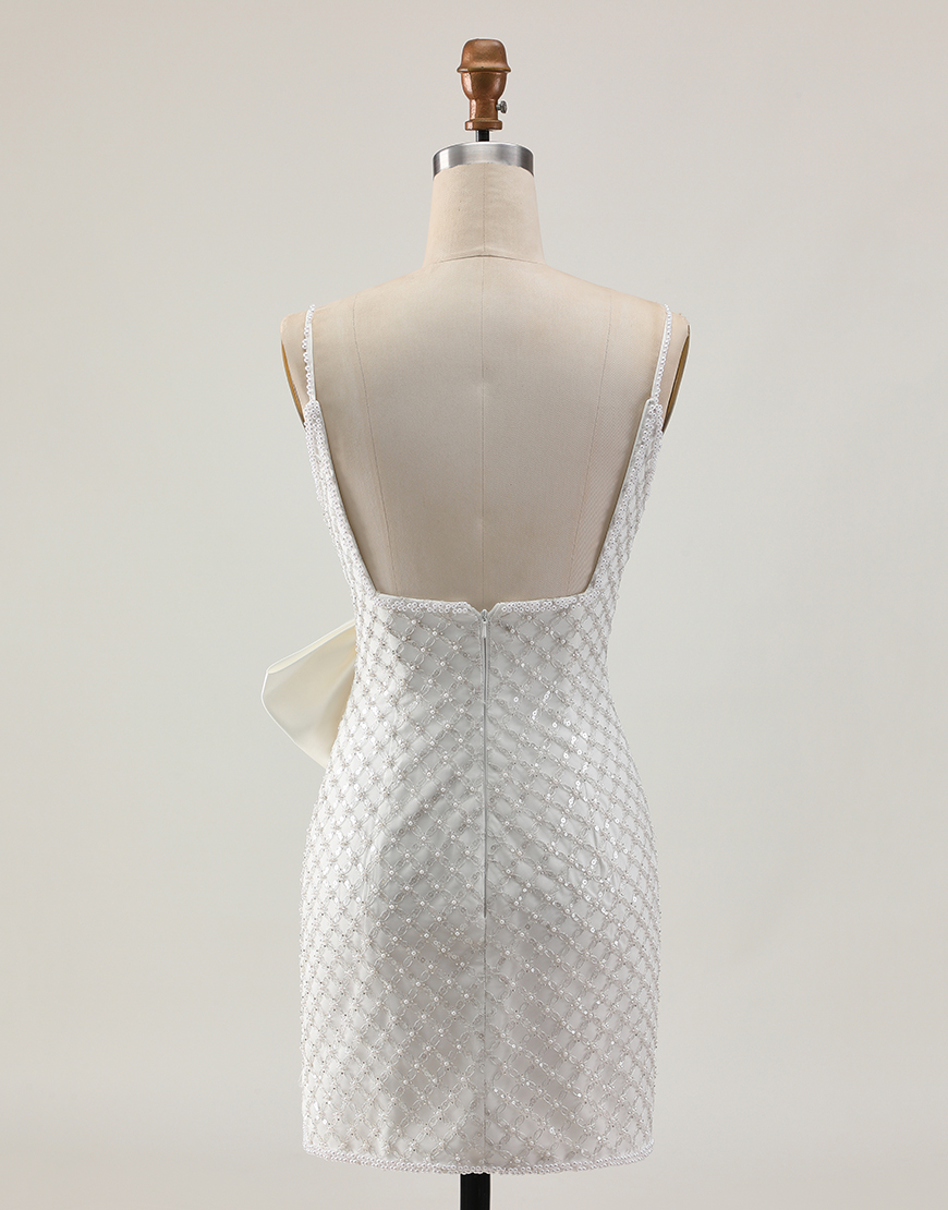 Sparkly White Spaghetti Straps Sequin Short Tight Homecoming Dress with Bow