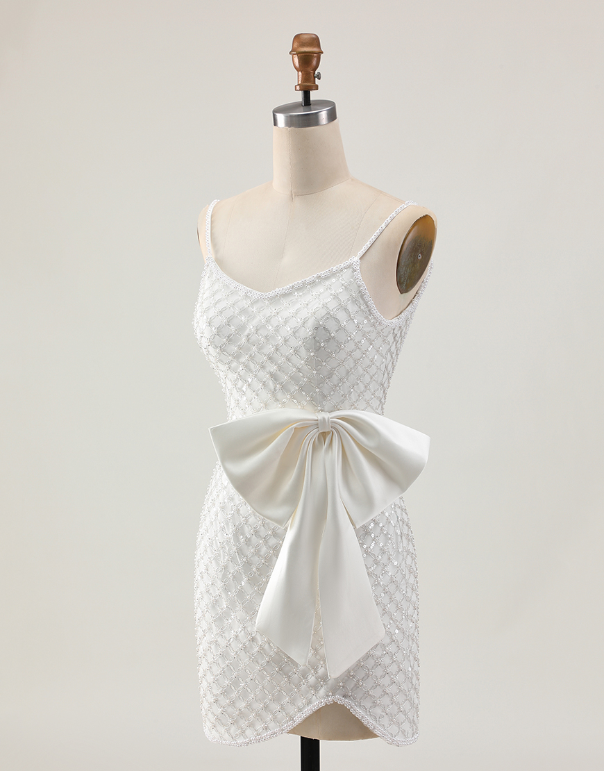 Sparkly White Spaghetti Straps Sequin Short Tight Homecoming Dress with Bow