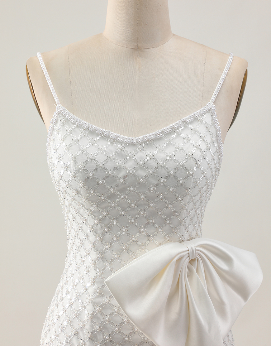 Sparkly White Spaghetti Straps Sequin Short Tight Homecoming Dress with Bow