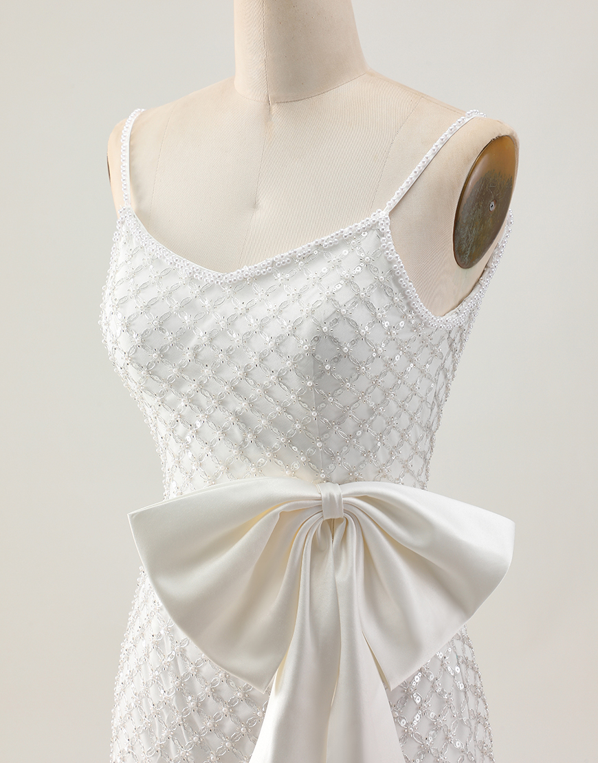 Sparkly White Spaghetti Straps Sequin Short Tight Homecoming Dress with Bow