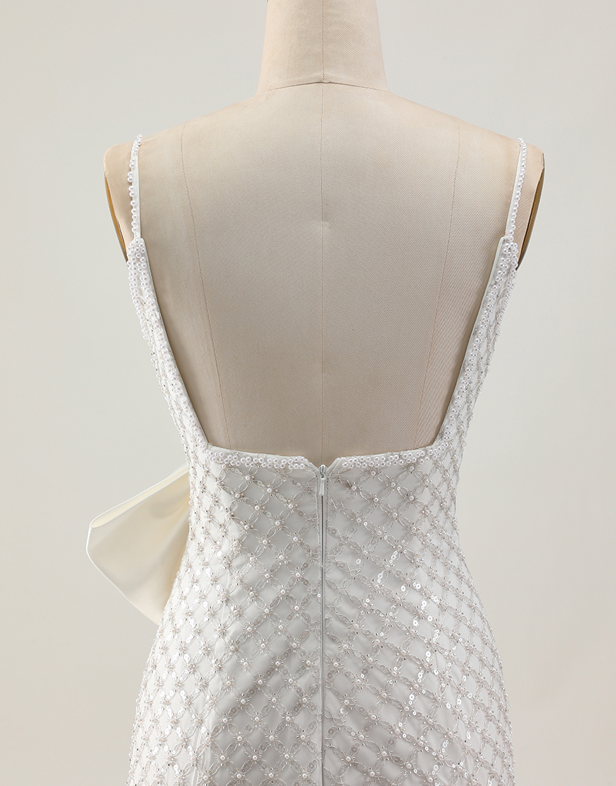 Sparkly White Spaghetti Straps Sequin Short Tight Homecoming Dress with Bow