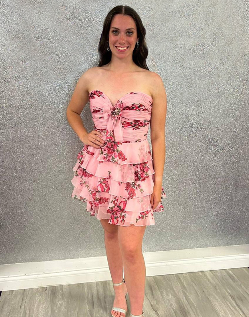 White Blue Flower A-Line Tiered Tulle Sweetheart Homecoming Dress