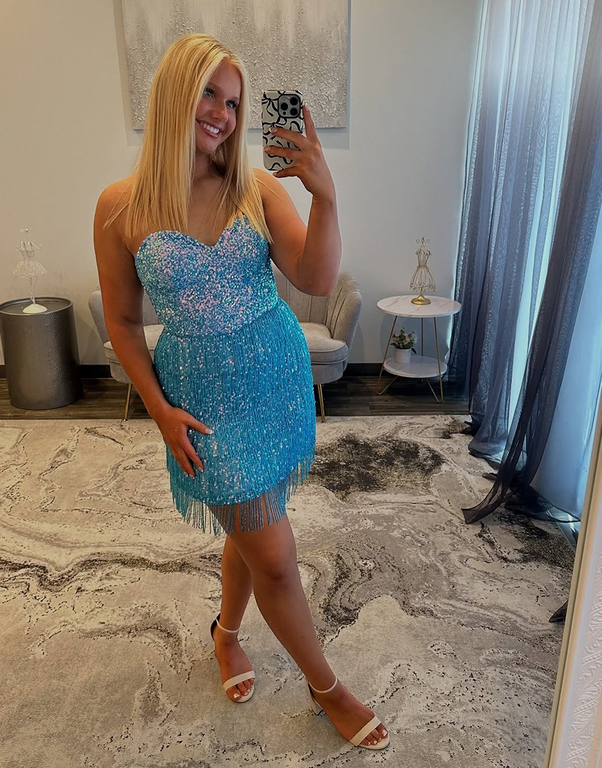 Sparkly Blue Tight Sequins Short Homecoming Dress with Fringes