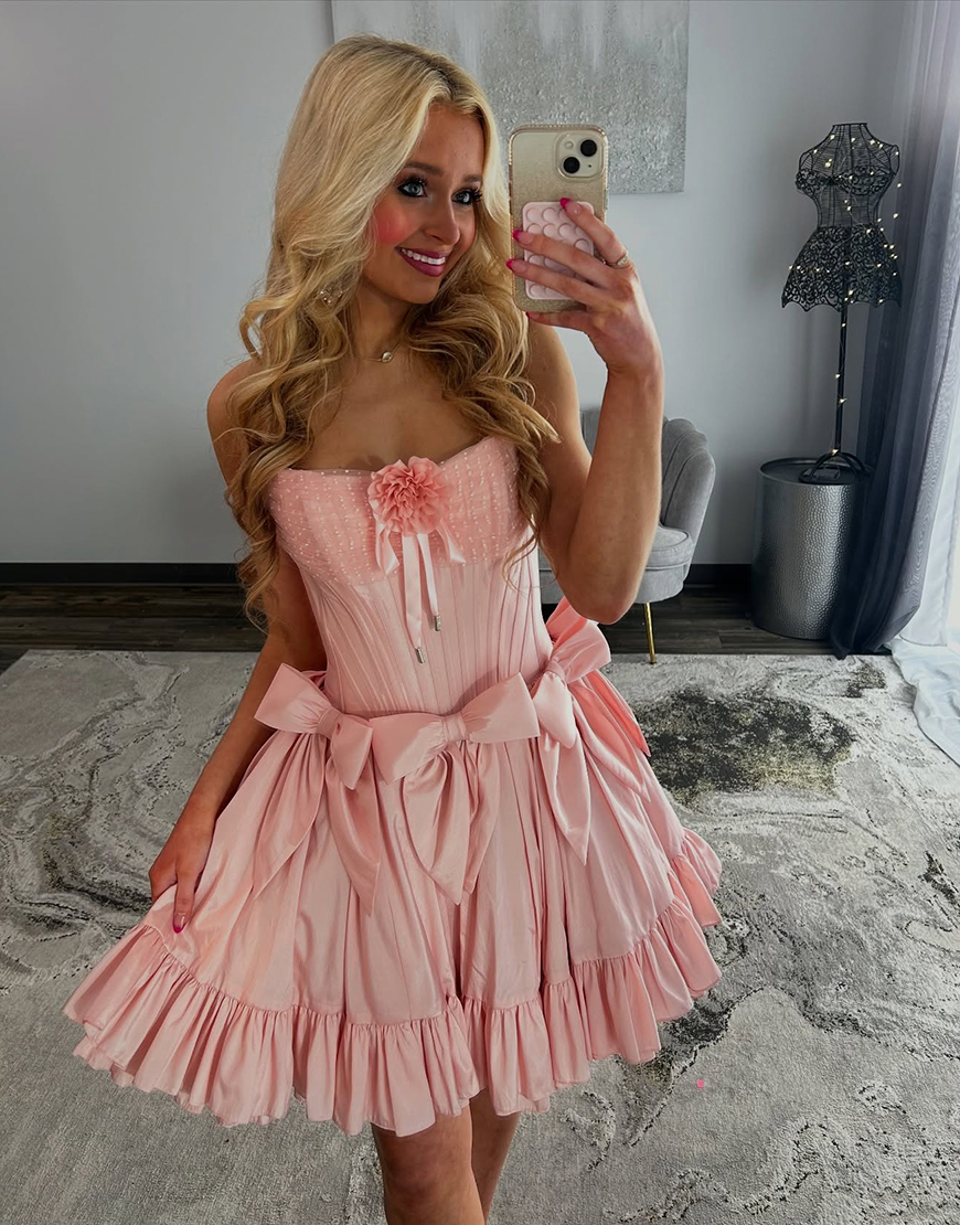 Pink Satin Corset Short Homecoming Dress with 3D Flower