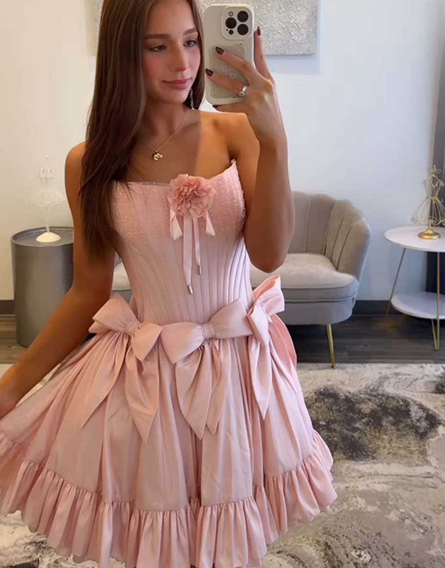 Pink Satin Corset Short Homecoming Dress with 3D Flower