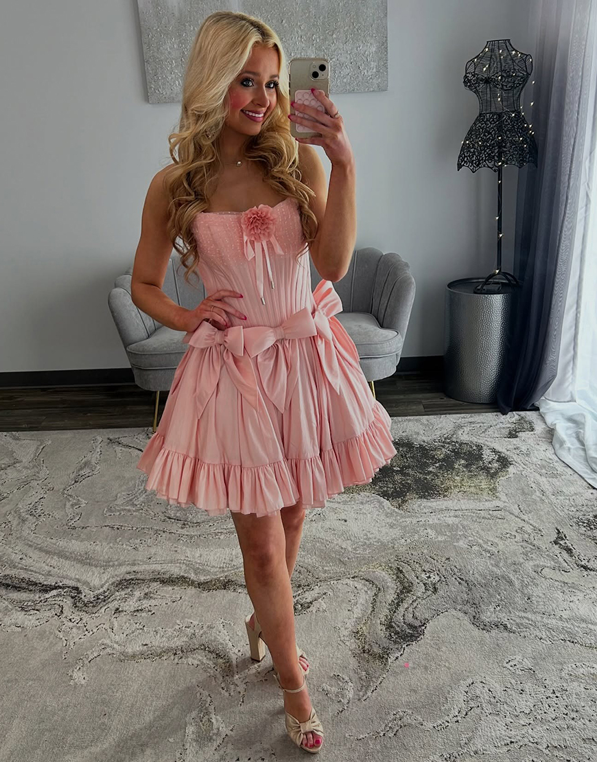 Pink Satin Corset Short Homecoming Dress with 3D Flower
