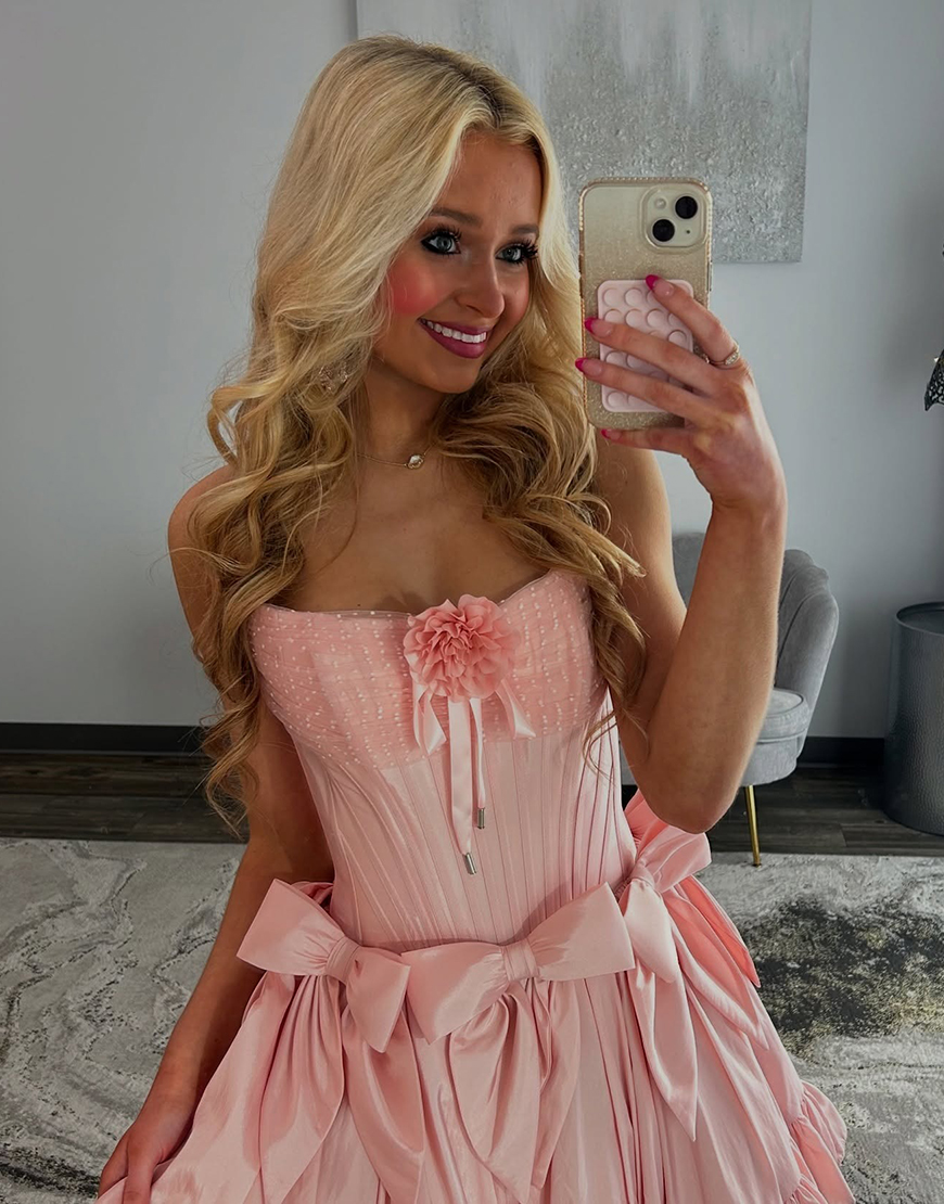 Pink Satin Corset Short Homecoming Dress with 3D Flower
