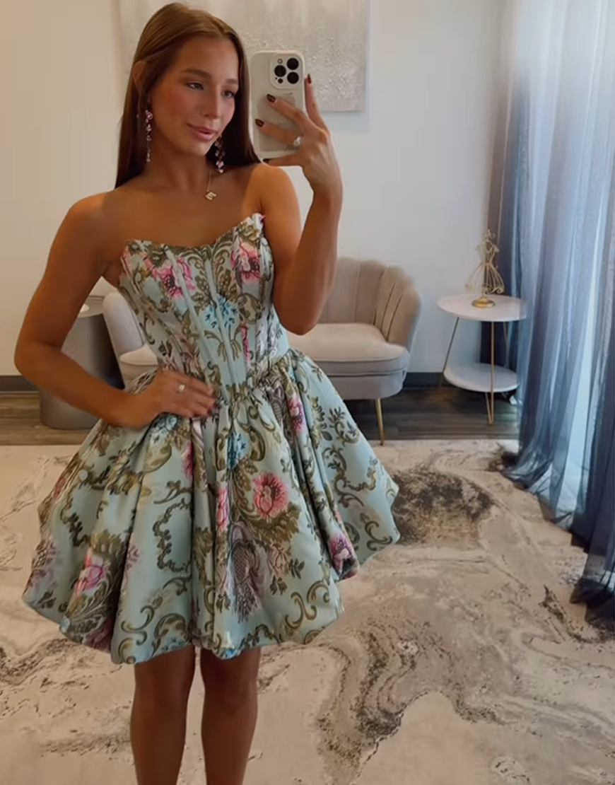 Green Floral Corset A Line Short Homecoming Dress