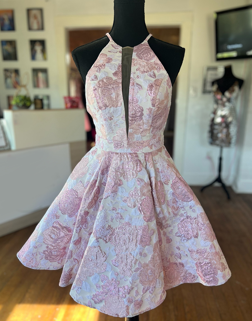 Pink Flower Halter A-Line Short Homecoming Dress