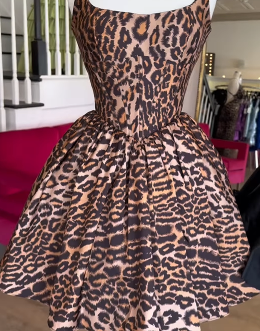 Brown Leopard A-Line Short Square Neck Homecoming Dress