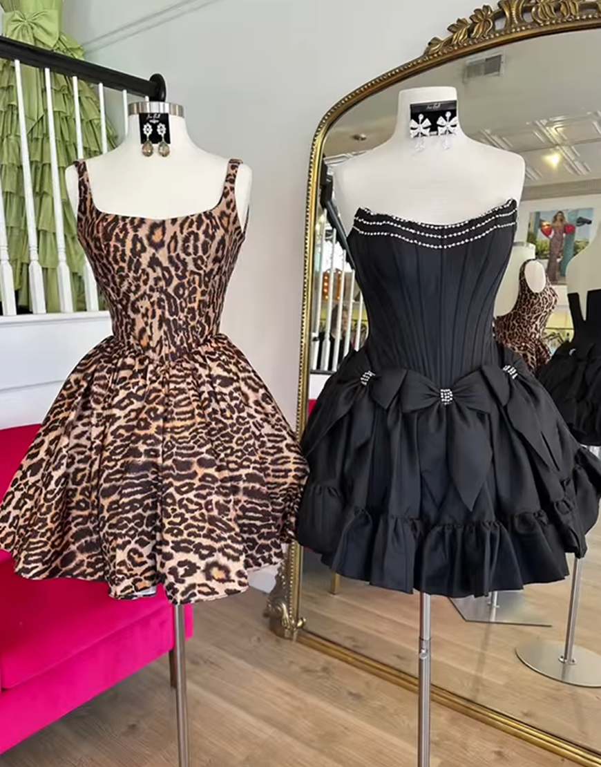 Brown Leopard A-Line Short Square Neck Homecoming Dress