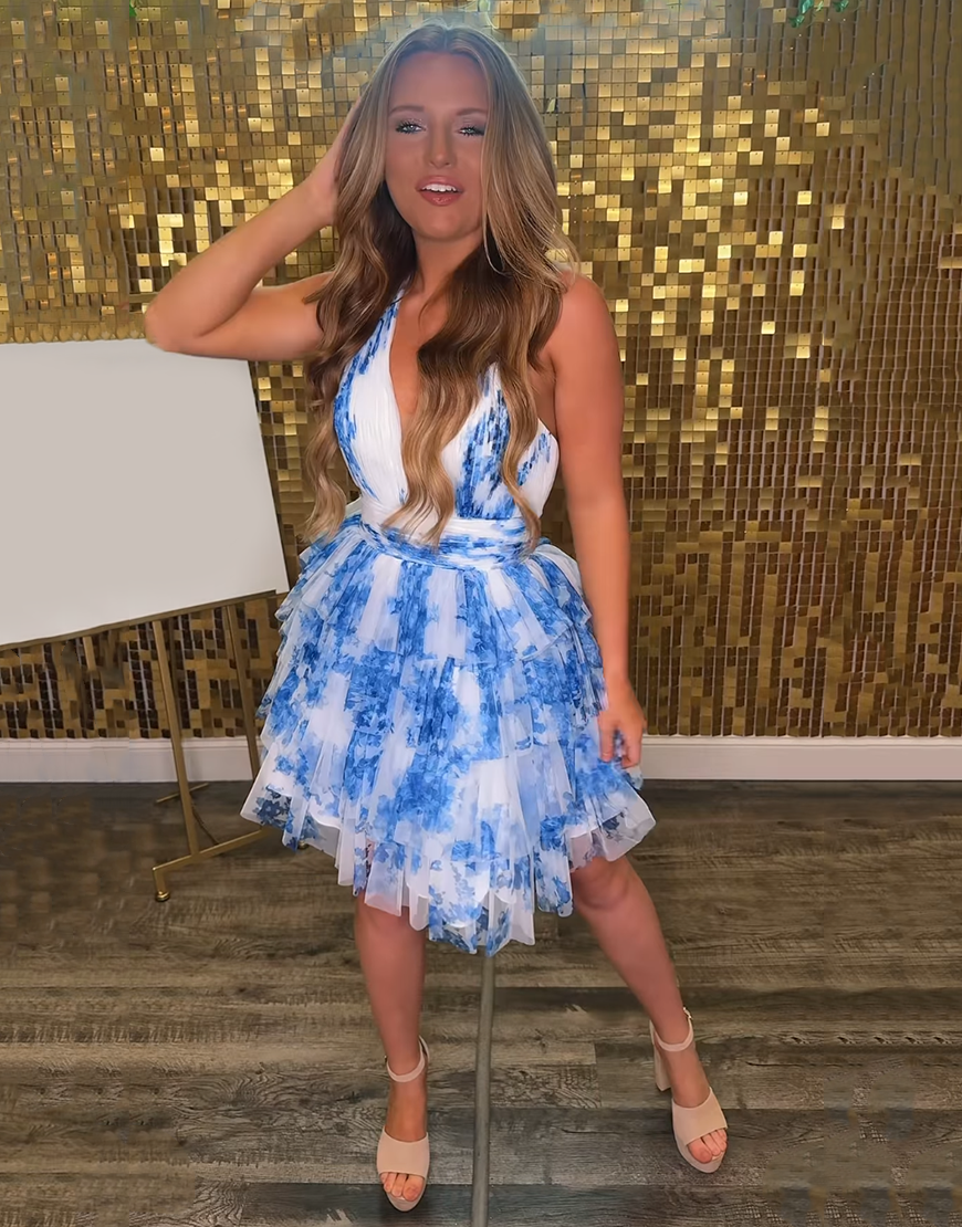 Blue Flower A-Line Tulle Halter Tiered Short Homecoming Dress