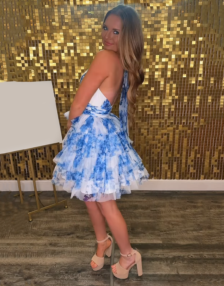 Blue Flower A-Line Tulle Halter Tiered Short Homecoming Dress