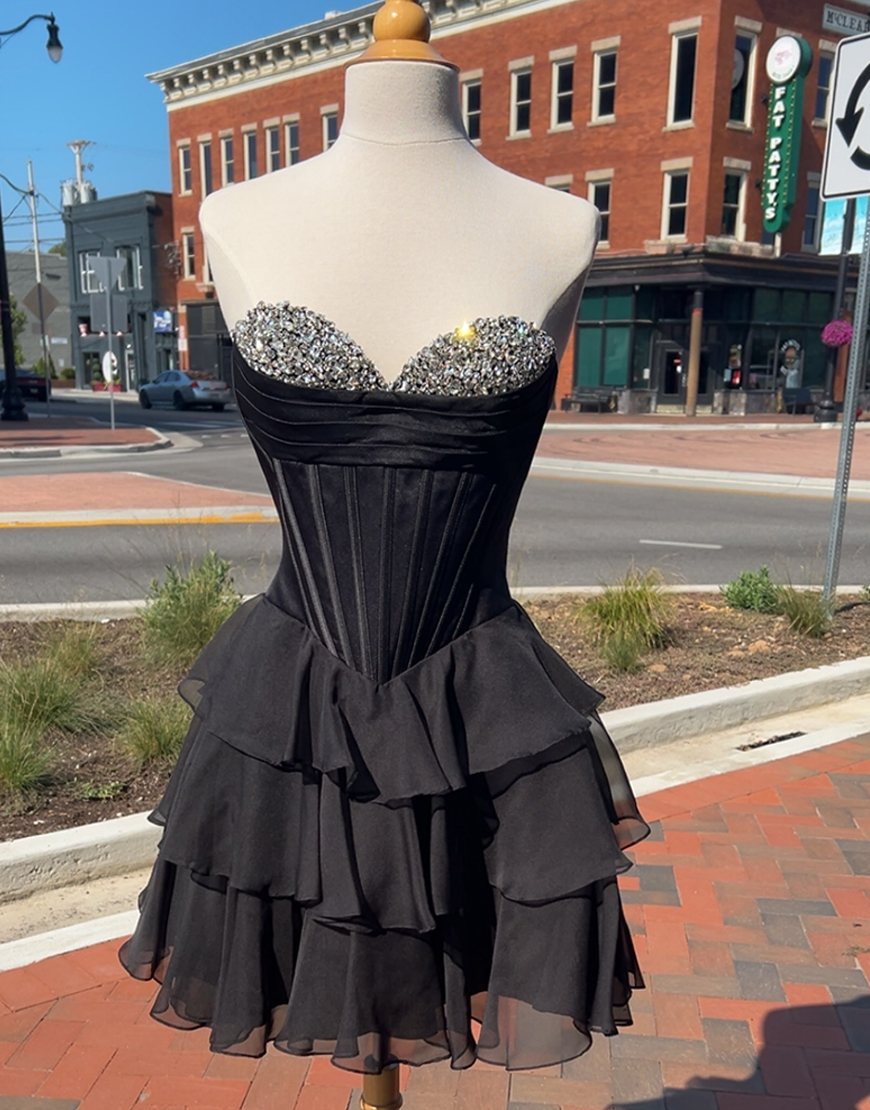 Sparkly Navy Corset Chiffon Tiered Sweetheart Short Homecoming Dress