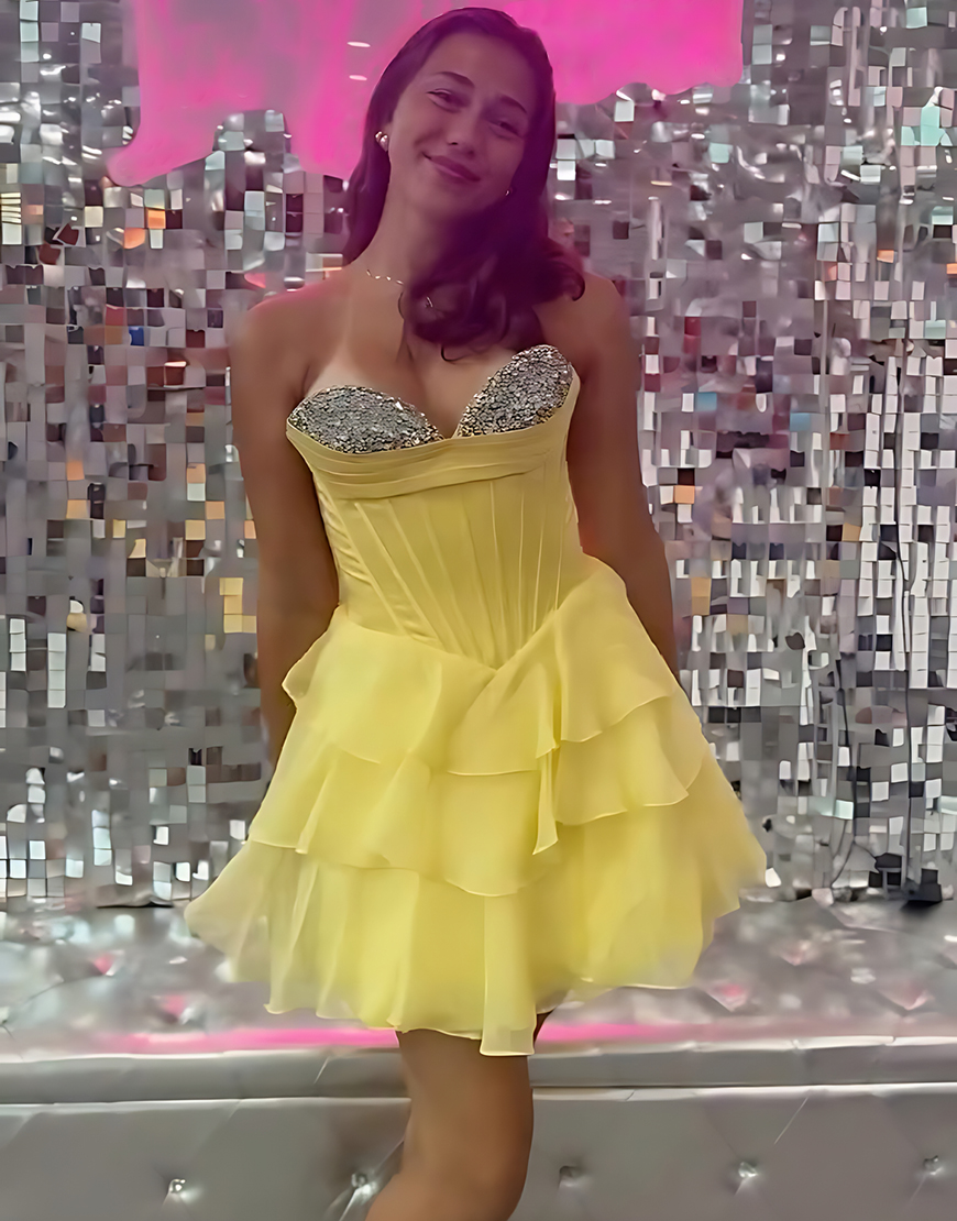 Sparkly Navy Corset Chiffon Tiered Sweetheart Short Homecoming Dress