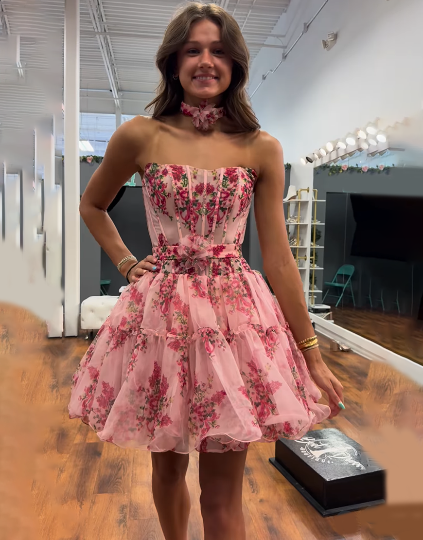 Pink Flower Strapless A Line Short Corset Homecoming Dress with Ruffles