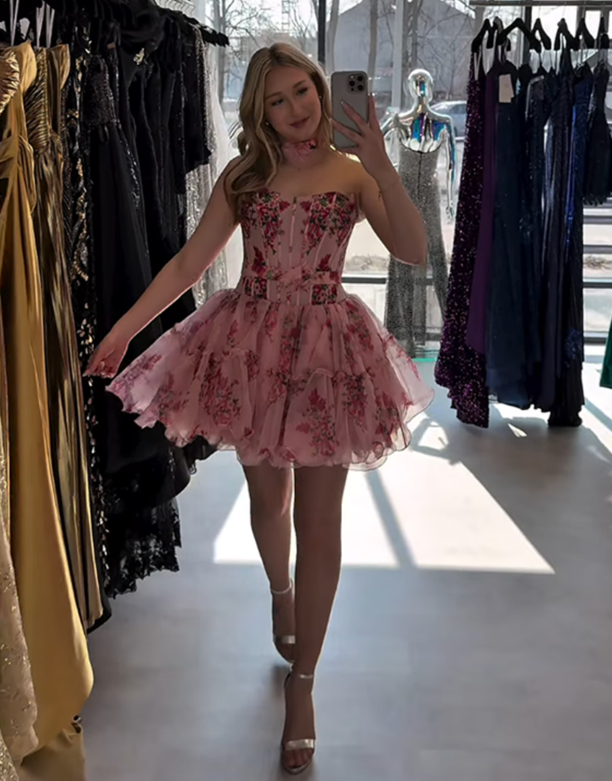 Pink Flower Strapless Corset A Line Ruffled Short Homecoming Dress