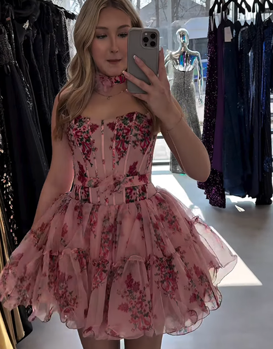 Pink Flower Strapless Corset A Line Ruffled Short Homecoming Dress