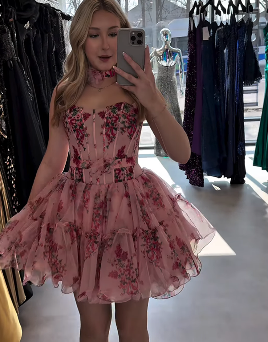 Pink Flower Strapless Corset A Line Ruffled Short Homecoming Dress