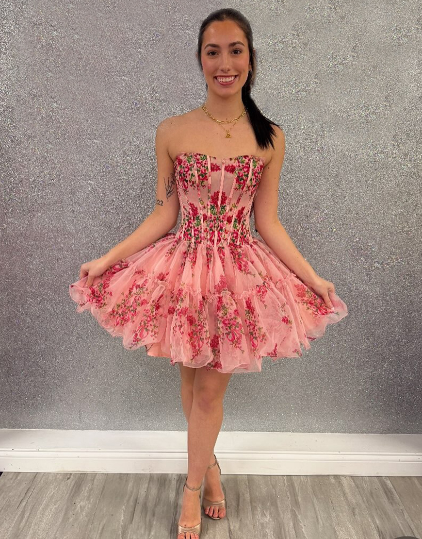 Pink Flower Tulle A Line Corset Short Homecoming Dress with Ruffles