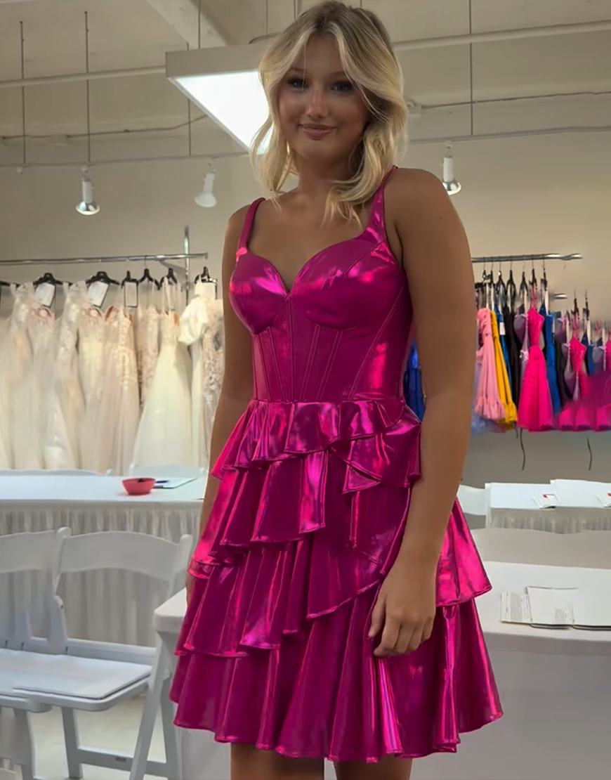 Fuchsia A-Line Corset Metallic Short Homecoming Dress
