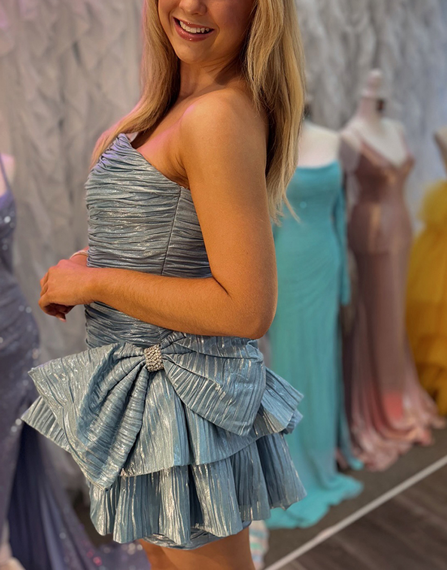 Light Blue A Line Short Pleated Homecoming Dress with Bow