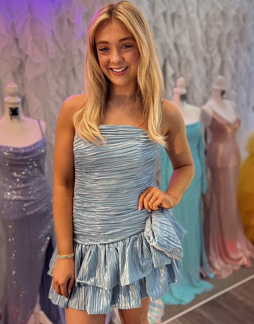 Light Blue A Line Short Pleated Homecoming Dress with Bow