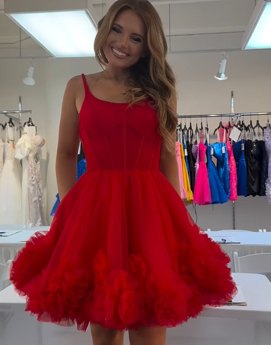 Red Ruffled Tulle A Line Corset Short Homecoming Dress