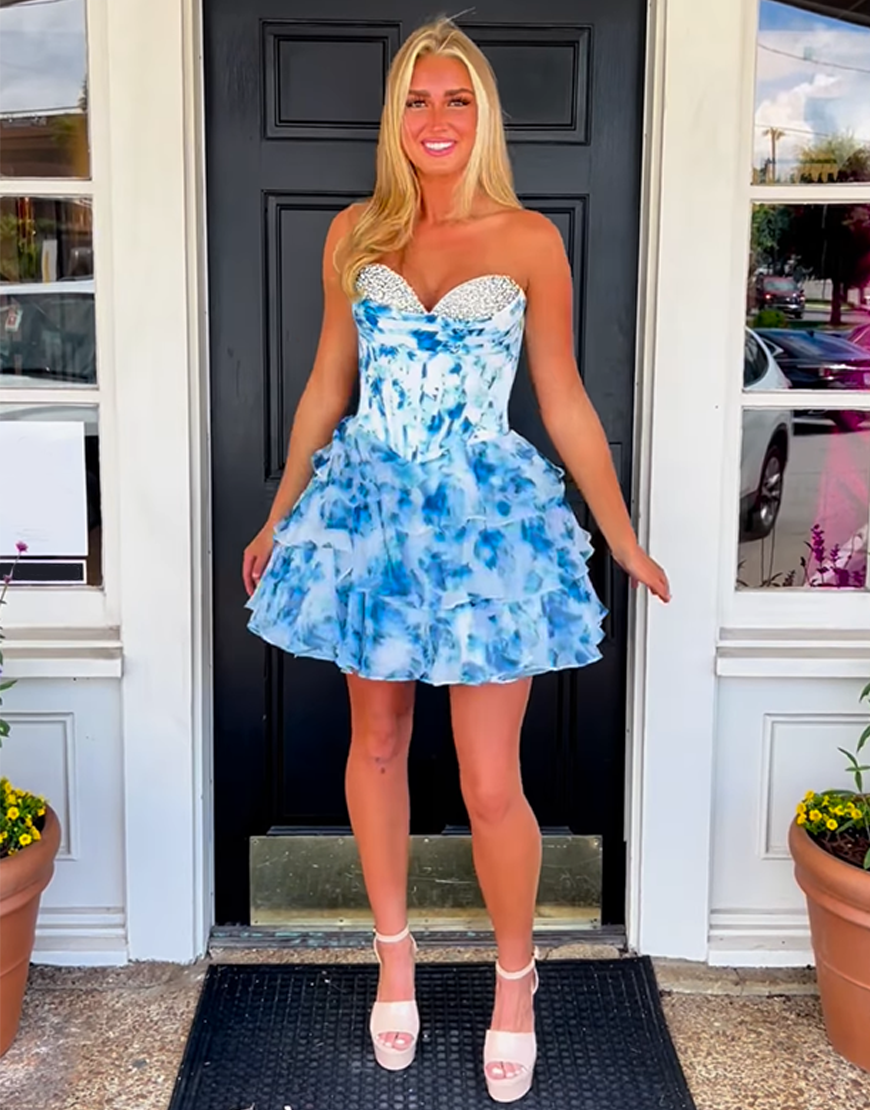 Sparkly Blue Floral A Line Short Corset Homecoming Dress with Beading