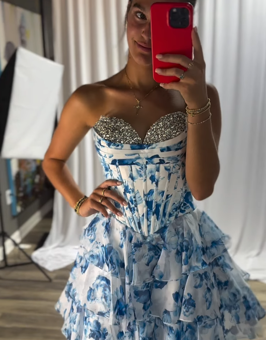 Sparkly Pink Floral A Line Short Corset Homecoming Dress with Beading